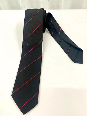 Mid Century Italian Silk Thin Tie Black Moire Silk W Red Stripes • $21.99