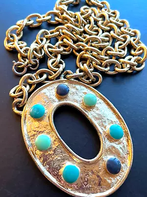 Maxine Denker Necklace Large Oval Gold Pendant Chunky Gold Chain Vintage • $85