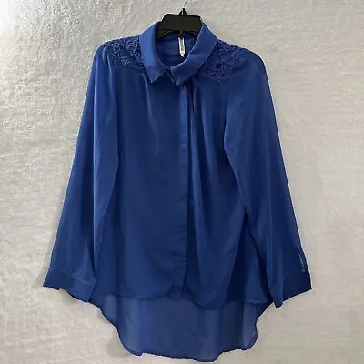 Monoreno Sheer Button Up Top Womans Large Geometric Blue Lace Long Sleeve Flaws • $4.99