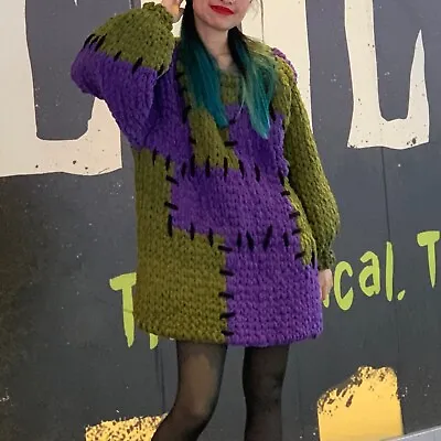Purple Green Frankenstein Patchwork Chunky Chenille Knit Sweater Dress Halloween • £173.56