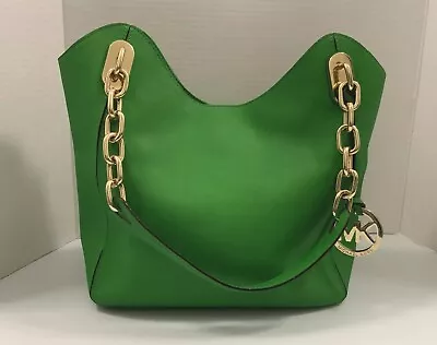 Michael Kors Lillie Purse Kelly Green And Gold Hobo Leather Chain Handbag Tote • $74.88