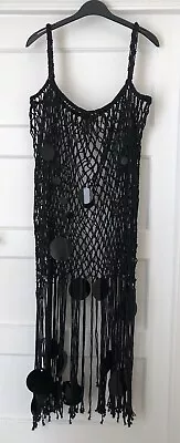 Zara Black Macrame Crochet Fishnet Dress With Fringe Beach Cover Up Size M • £49.99