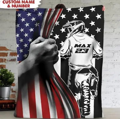 Personalized Motocross Rider Standing For The American Flag Moto Fleece Blanket • $32.99
