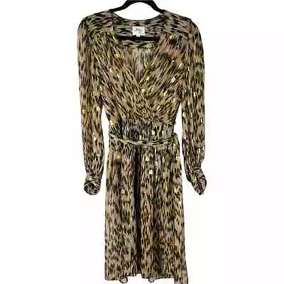 Milly Faux Wrap Silk Blend Dress Womens 6 Black Gold Animal Print Metallic Midi • $39.88
