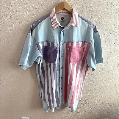 $28.95 • Buy Vtg Laffs Chambray Mixed Fabric Button Up Polka Dot And Stripe Women’s Sz L Top
