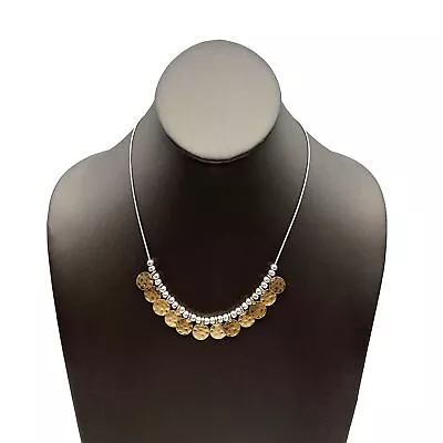 Silver Tone Round Snake Chain Faceted Bead Gold Tone Hammered Disc Necklace • $14