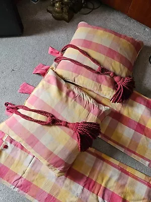 A Pair Of Handmade Lined Laura Ashley Bright Large Check Curtains + 2 Cushions • £150