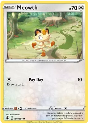 Meowth Fusion Strike 199/264 Pokemon TCG Card NM/M Regular • $0.99