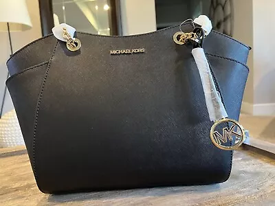 Michael Kors Jet Set Black Leather X Cross Gold Chain Shoulder Tote Handbag NWT • $99.95