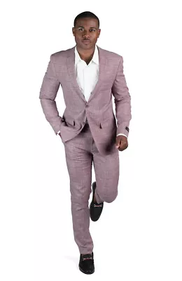 Slim Fit Windowpane Plaid Tweed Mens Suits Dusty Pink 2 Button Notch Lapel AZAR • $149