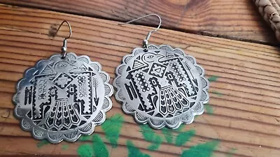 Vintage Earrings Mid Western Native American Embossed Metal Lightweight Drop Big • £8.99