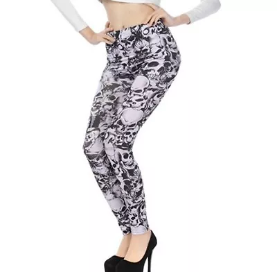 £7.50 • Buy Skulls Skeleton Heads Black White Printed Punk Women's Leggings One Size UK 8-12