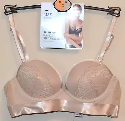 Ladies M&s Lingerie Lace Push Up Multiway Strapless Plunge Bra 32b T332730b New • £9.99