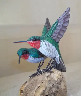 John Madison Carved Painted Ruby Throated Hummingbirds On Log Figurine (b7) • $53.99
