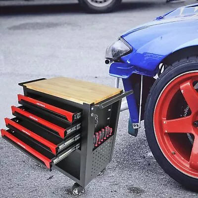 4 Drawers Rolling Chest Tool Cart Garage Storage Cabinet Tool Box Wooden Top • $289.65