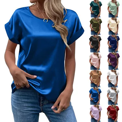 £11.29 • Buy Womens Satin Silk Plain Tunic Tops Ladies Casual Loose Short Blouse T Shirt UK