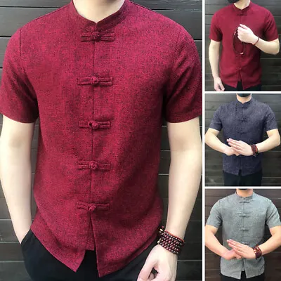US STOCK Men Short Sleeve Traditional Chinese Shirts Short Sleeve Hanfu Kung Top • $17.67