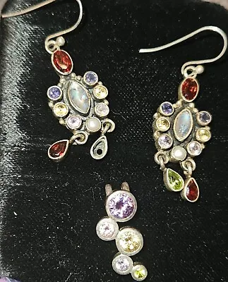 Sterling Amethyst Peridot Opal Garnet Multi Gemstone Earrings And Pendant • $12