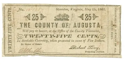 1862 25 Cents County Of Augusta VIRGINIA Note - CIVIL WAR Era Banknotes • $189.99