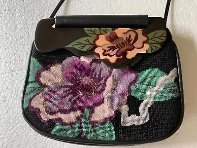 Patricia Smith Moon Leather Bag Flower & Leaves Needlepoint 1980's • $100