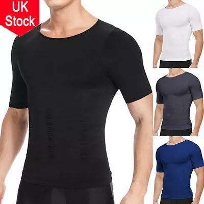 Men's Compression Vest T-Shirt Moobs Slimming Tummy Control Body Shaper Tops FAN • £13.99