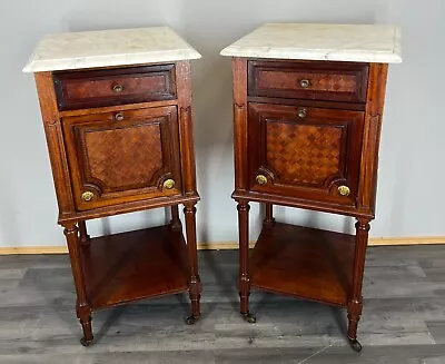 French Antique Bedside Tables Cupboards Cabinets With Marble Tops (LOT 2907) • £599