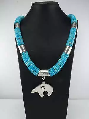 Vintage Native American Blue Turquoise Bear Heishi Necklace Sterling Silver • $883.58