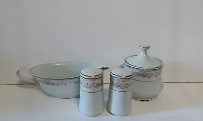 1998 China Pearl  DONNA  Sugar Bowl Gravy Boat And Salt Pepper Shakers Set  LR3 • $24.98