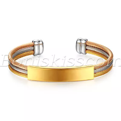 Men Women Stainless Steel Twisted Cable Open End Bangle Bracelet Free Engraving • $10.99