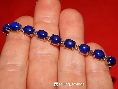 14k Solid Yellow Gold 12.16 Tcw Cabochon Lapis Tennis Bracelet 18.5 Grams  6.75  • $795