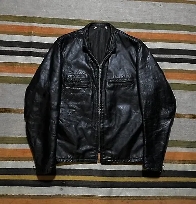 Vintage 60s Black Cafe Racer Genuine Leather Motorcycle Jacket Medium • $150