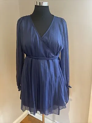 $16 • Buy Asos Design Navy Blue Sheer Sleeve Wrap Mini Dress 16