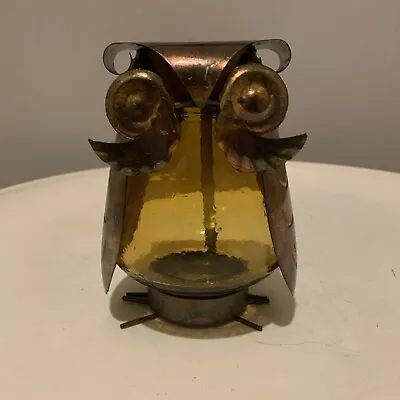 Retro Mid Century Style Metal Amber Glass Tea Light Owl Candle Holder • $18