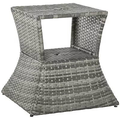 Outsunny Rattan Wicker Tea Coffee Table W/ Umbrella Hole And Storage Space Grey • £46.99