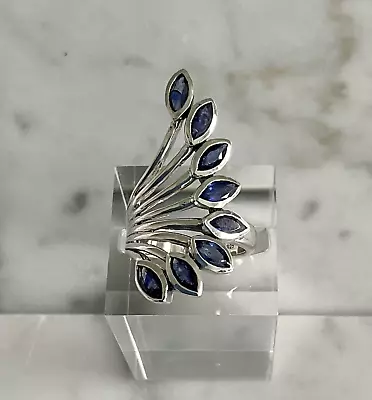 Masoala Blue Sapphire (FF) Elongated Fan Style Ring 2.90 CTW 925 Silver Size 5 • $32