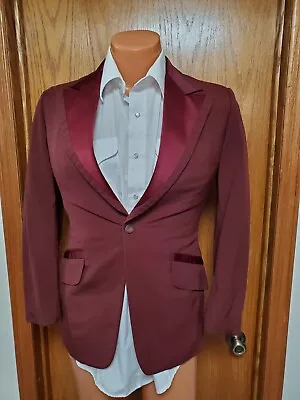 36R XS VTG 70s Tuxedo Jacket Tux Satin Collar Formal BLAZER Wedding Burgundy • $23.99