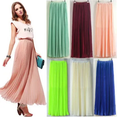 Women Chiffon Pleated Retro Long Maxi Dress Elastic Waist Skirt Gul One Size • £7.19