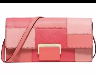 Michael Kors Cynthia Large Clutch Bag Purse Leather Pink Grapefruit $218 NWT • $89.99