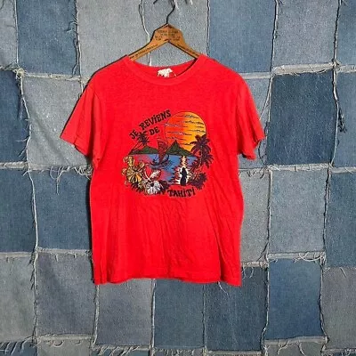 Vintage 70s Surf Style Tahiti Destination Shirt Hippie Red Vibrant Beach Size L • $60