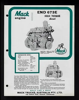 Mack Trucks Engine End 673e Specifications Brochure 1970 • $17.81