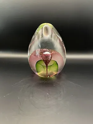 Murano Style Glass Flower Bubble Egg Paperweight Pink And Green 4.25 Inches  • $16