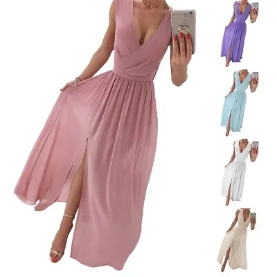 Delicate Chiffon Bridesmaid Dress – High Split V Neck Ball Gown For Women • £21.88