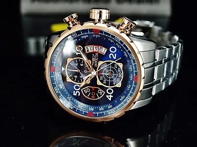 Invicta Men's 48mm Aviator Chronograph Blue Dial 18K Rose Gold Plated SS Watch • $74.99