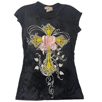 £19.37 • Buy VTG Y2K Women Black Graphic Cross Baby Tee Size S Casual Trashy T-Shirt