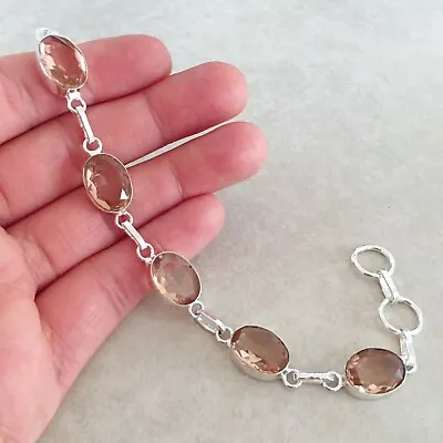 Natural Oval Pink Peach Morganite 925 Sterling Silver Link Chain Bracelet 7.5  • $22.99