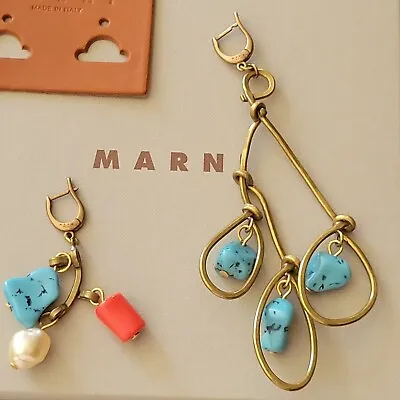 New MARNI Statement Turqoise Pearl Asymmetric Long Earrings  • $179.99