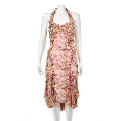 ZAC POSEN Ruffled Pink Floral Silk Chiffon Midi Halter Dress. Resort 2009 SIZE 4 • $349