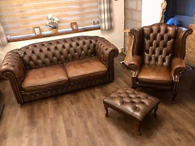 2 Seater Leather Chesterfield Sofa Wing Back Arm Chair & Foot Stool Brown • £225