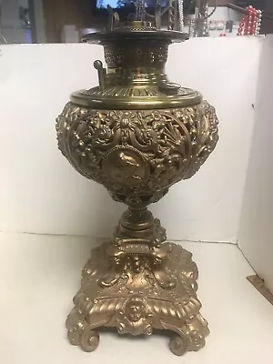 $100 • Buy Vintage Cast Brass Ornate Cameo Cherub Foo Kerosene Oil Lamp Center Draft Burner