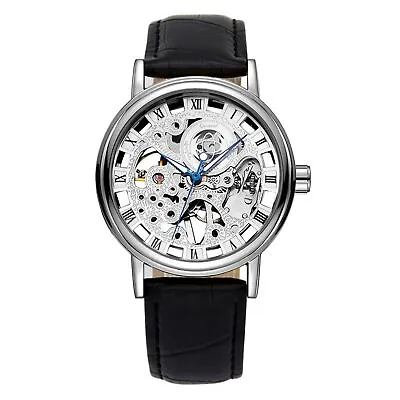 Mens Mechanical Skeleton Steampunk Watches PU Leather Roman Numerals Wrist Watch • $20.99